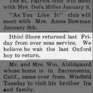 Ithiel Shore, Return from Military Service