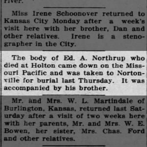 The Valley Falls New Era_Apr 29 1915_EE Northrup body taken to Nortonville