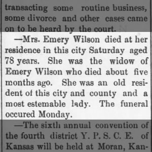 Mary Ann Merriam Wilson Death 1896