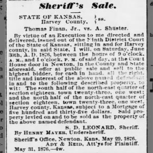 1876 Sheriff's Sale Thomas Finan Jr. vs A. Shuster