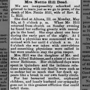 Marie Antoinette Robinson Hill Obit Thurs., May 12, 1892 in The Wyandott Herald, KC, KS