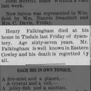 Henry Falkingham death announcement