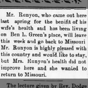 Ben L. Green - Mr. Runyon Not To Buy Green Home Returns To Missouri September 22, 1898