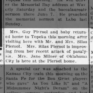 City News Briefs - Mrs. (Alta) Guy Piersol and Baby (Varel) Return Home to Topeka