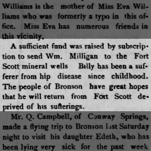 William Milligan to the Fort Scott Mineral Wells for Hip Disease 1886