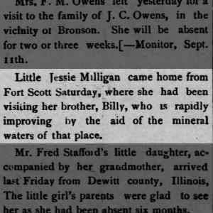 Jessie Milligan Visits William Milligan at Fort Scott Mineral Waters 1886