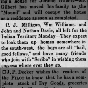 Cornelius J Milligan Moving to Indian Territory 1890