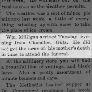 William Milligan Return to Bronson KS for Mother's Death 1895