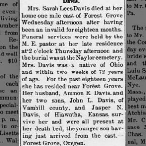 Obituary for Sarah Lees Davis