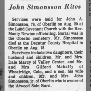 Obituary for John A Simonsson