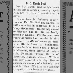 Obituary for D C Harris