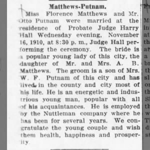 Matthews-Putnam Marriage