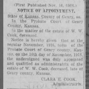 Clara Administratrix of Estate of W. W. Cook