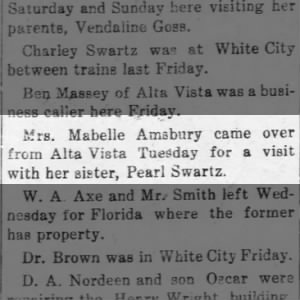 Mabelle Amsbury Visits Her Sister Pearl Swartz
