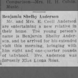 Benjamin Shelby Anderson Birth